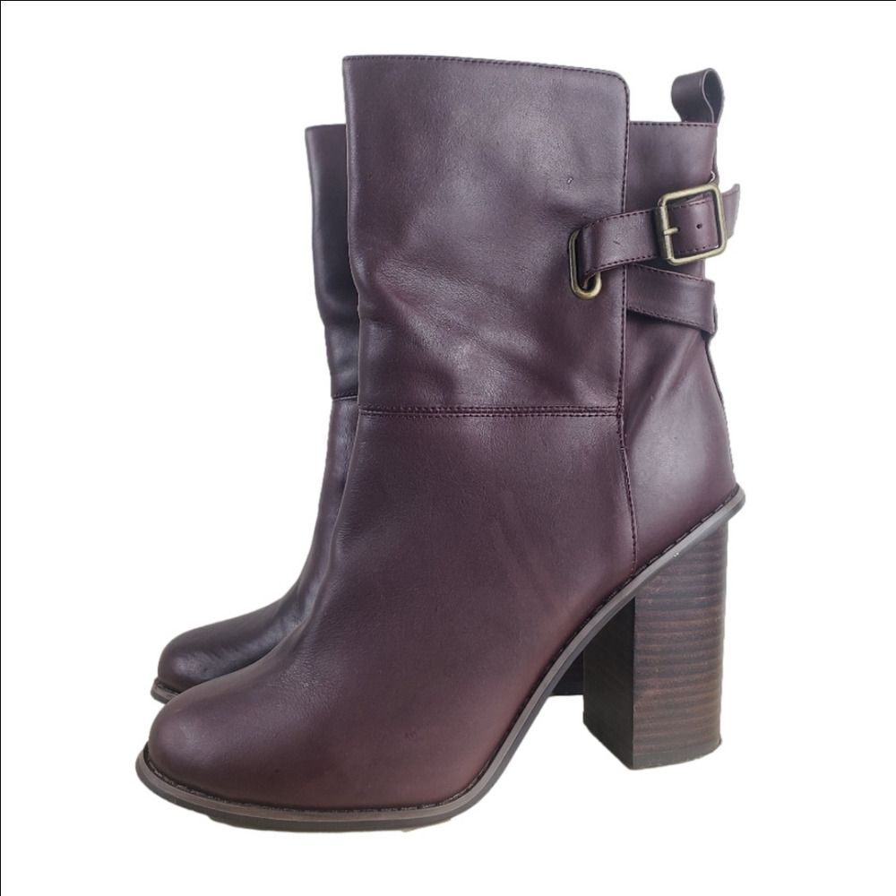 Kelsi Dagger Odem Boots Size 10 Burgundy Leather Mid Calf Block Chunky Heel